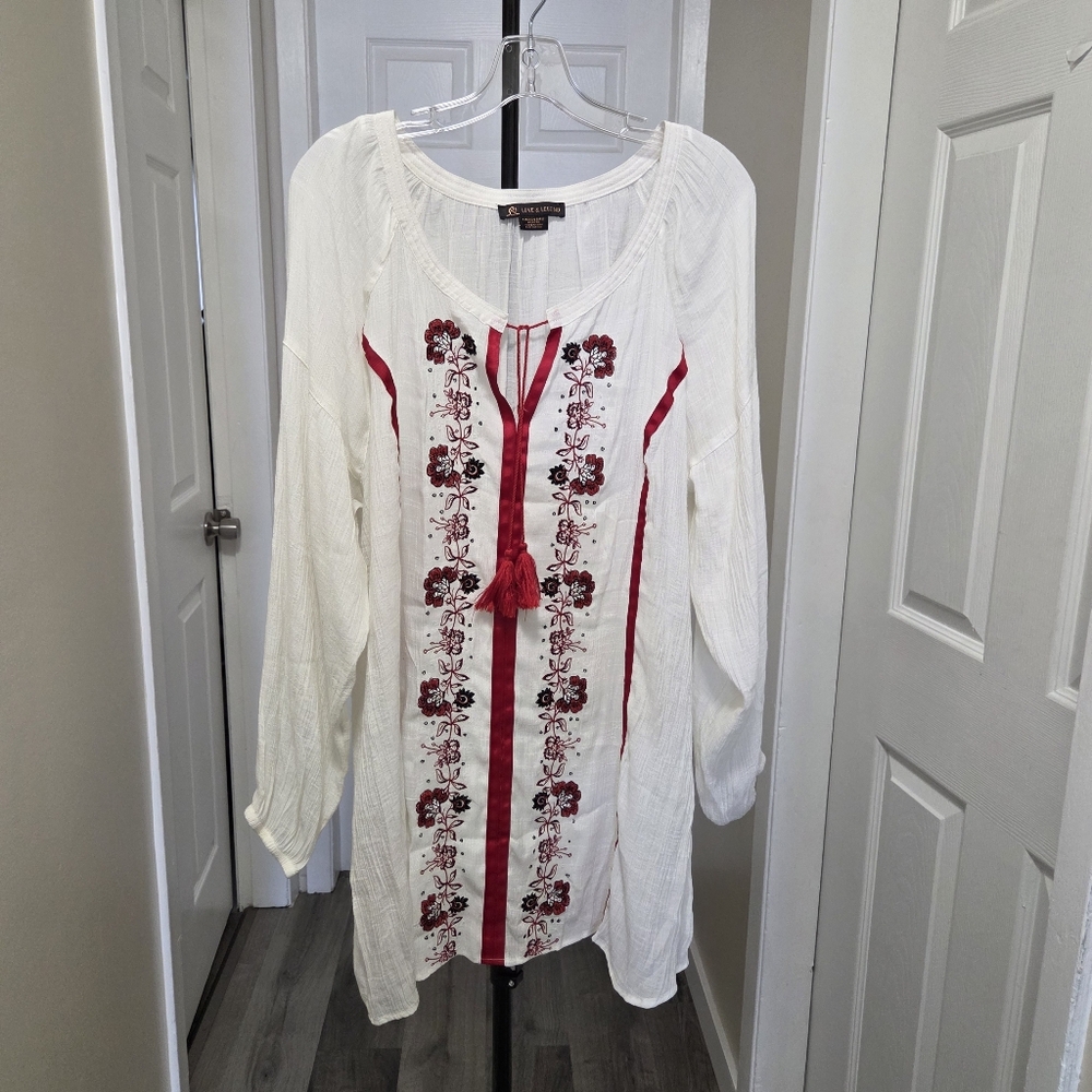 Love & Legend Viscose Blend Embroidered Oversized Boho Peasant Dress Tunic Cream